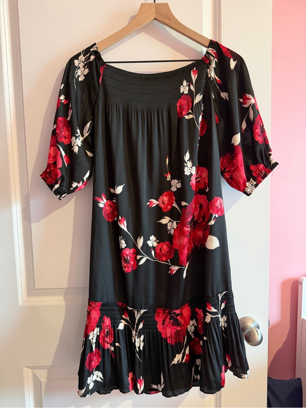 White House Black Market Black Off-Shoulder Mini Dress with Red Floral Print